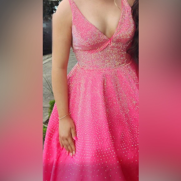 Sherri Hill Barbie Pink Glittery Beaded Prom Dress Sz 12 Pockets w/Hair Bow - Picture 7 of 16